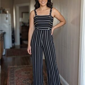 Derek Heart Black Jumpsuit with White Pinstripes and Gold Buttons